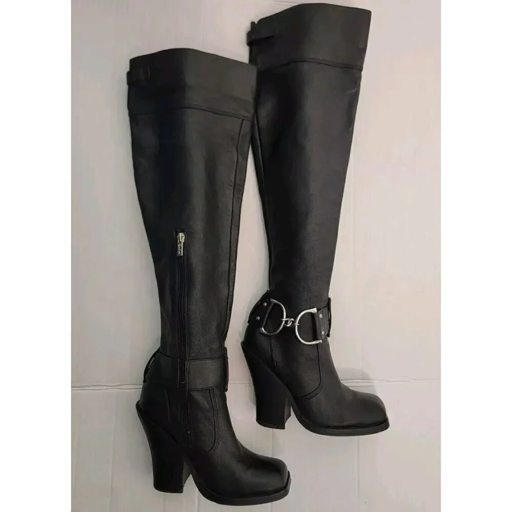 Colin Stuart Over The Knee Heel Boots 6B Leather Square Toe Witchy Punk Vampi